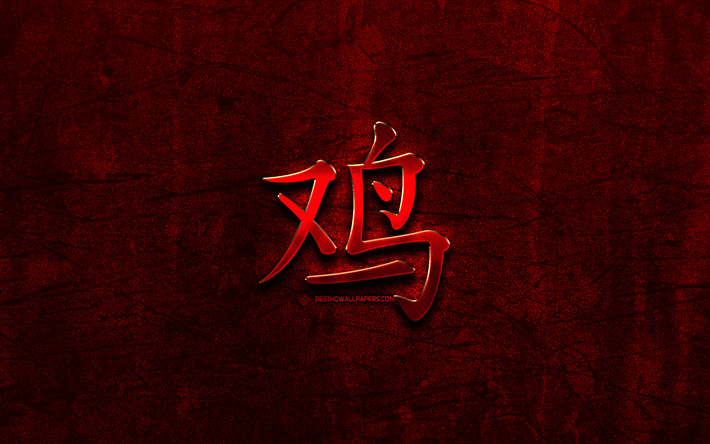Rooster chinese hieroglyph, chinese zodiac, Chinese calendar, Rooster zodiac sign, red stone background, Chinese hieroglyphs, Rooster, Chinese Zodiac Signs, animals, creative, Rooster zodiac