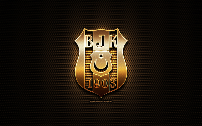 Besiktas FC, glitter, logo, Super Lig, squadra di calcio turco, metallo, griglia, sfondo, Besiktas, calcio, Besiktas JK, BJK, Turchia