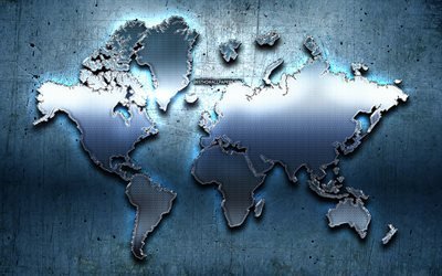 sininen metalli maailman kartta, maailman kartta k&#228;site, kuvitus, luova, metallinen maailman kartta, 3D art, metallia maailmankartalle, maailman kartat
