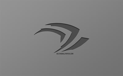 Nvidia logotyp, gr&#229; bakgrund, snygg konst, varum&#228;rken, emblem, metalliska logotyp, Nvidia