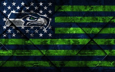 Seattle Seahawks, 4k, American football club, grunge art, grunge texture, American flag, NFL, Seattle, Washington, USA, National Football League, USA flag, American football