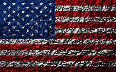 Flag of USA, 4k, stone texture, waves texture, American flag, national symbol, USA, North America, stone background, United States of America