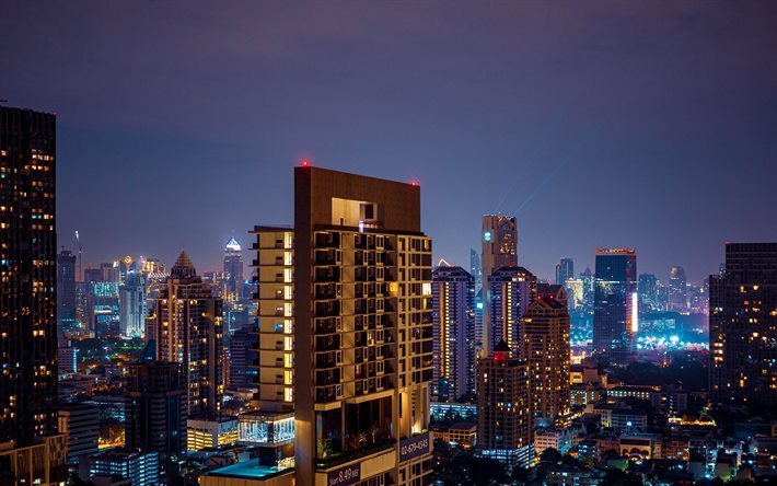 Bangkok, metropolis, noche, paisaje urbano, ciudad de Bangkok, edificios, Tailandia