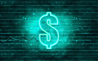 Dollarin merkki turkoosi, 4k, turkoosi brickwall, Dollarin merkki, valuutta merkkej&#228;, Dollari neon merkki, Dollari