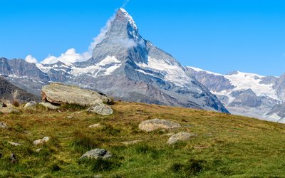 Matterhorn, Alps, dağ manzarası, kayalıklar, yeşil &#231;ayır, dağlar, Pennine Alpler, İtalya, Zermatt-Matterhorn