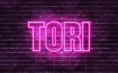 Tori, 4k, fondos de pantalla con los nombres, los nombres femeninos, Tori nombre, p&#250;rpura luces de ne&#243;n, Feliz Cumplea&#241;os a Tori, la imagen con el nombre de Tori