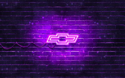 chevrolet violet logo, 4k, violet brickwall chevrolet-logo, cars brands, chevrolet neon-logo, chevrolet