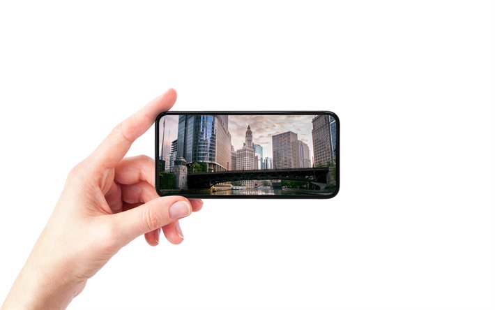 Chicago, Illinois, smartphone i handen, vit bakgrund, smartphone, Chicago stadsbilden, USA