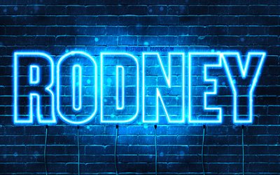 Rodney, 4k, sfondi per il desktop con i nomi, il testo orizzontale, Rodney nome, Felice Compleanno Rodney, neon blu, immagine con nome Rodney