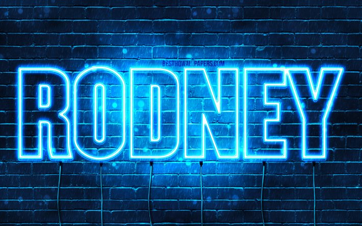 Rodney, 4k, fondos de pantalla con los nombres, el texto horizontal, Rodney nombre, Feliz Cumplea&#241;os Rodney, luces azules de ne&#243;n, imagen con Rodney nombre