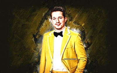 Charlie Puth, chanteur am&#233;ricain, portrait, pierre jaune de fond, chanteurs populaires, art cr&#233;atif