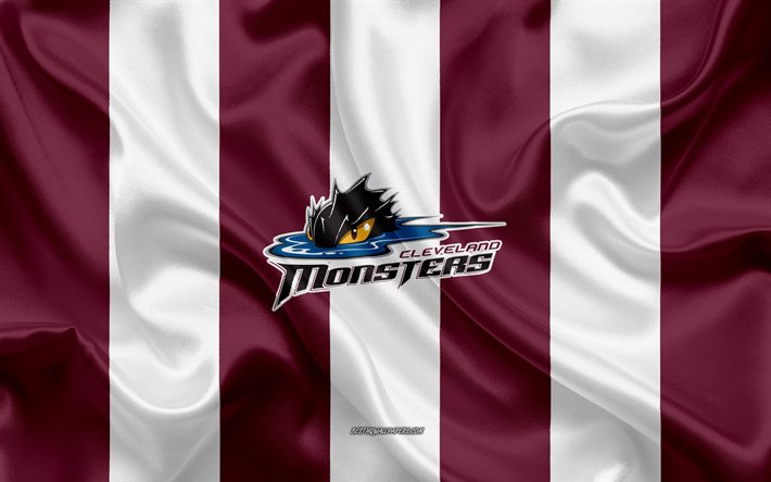 cleveland-monster, american hockey club, emblem, seide flagge, burgund wei&#223;e seide textur, ahl, cleveland-monster-logo, cleveland, ohio, usa, hockey, american hockey league