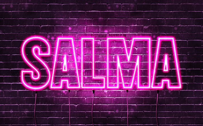Salma, 4k, tapeter med namn, kvinnliga namn, Salma namn, lila neon lights, Grattis P&#229; F&#246;delsedagen Salma, bild med Salma namn