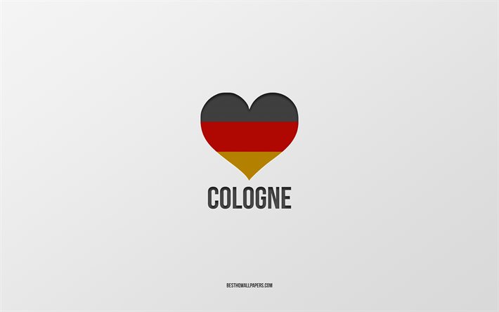 Me Encanta la Colonia, las ciudades alemanas, fondo gris, Alemania, bandera alemana coraz&#243;n, Colonia, ciudades favoritas, Amor Colonia
