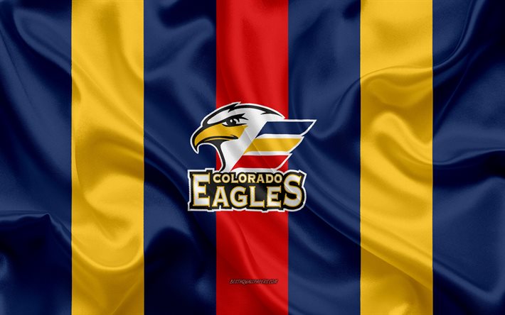 Colorado Eagles, Amerikan Hokey Kul&#252;b&#252;, amblem, ipek bayrak, mavi ve sarı ipek doku, AHL, Colorado Eagles logo, Loveland, Colorado, ABD, hokey, Amerikan Hokey Ligi