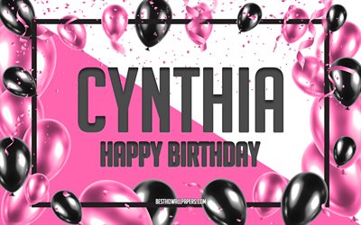 お誕生日おめでCynthia, お誕生日の風船の背景, シンシア, 壁紙名, シンシア-お誕生日おめで, ピンク色の風船をお誕生の背景, ご挨拶カード, シンシア-誕生日