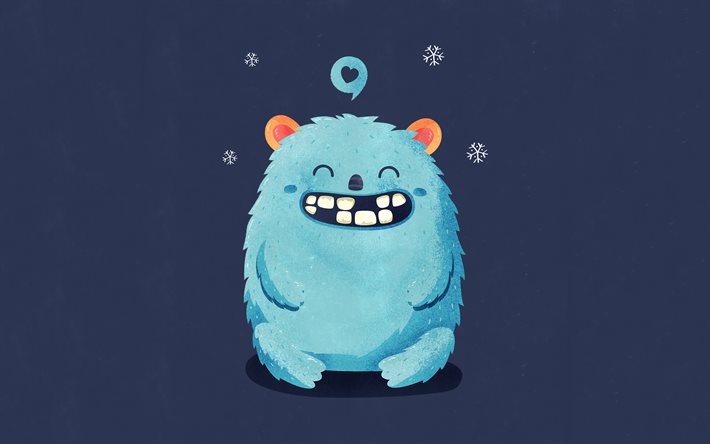 bonhomme de neige, 4k, souriant monstre, un minimum de, de dr&#244;les de personnages, de neige monstre, de cr&#233;ativit&#233;, de monstres