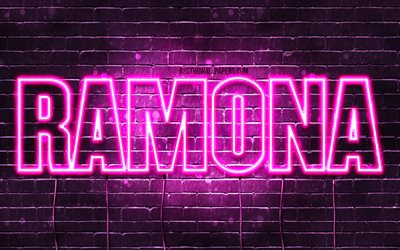 Ramona, 4k, tapeter med namn, kvinnliga namn, Ramona namn, lila neon lights, Grattis P&#229; F&#246;delsedagen Ramona, bild med Ramona namn