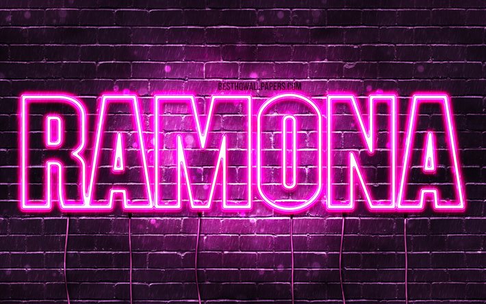 Ramona, 4k, 壁紙名, 女性の名前, Ramona名, 紫色のネオン, お誕生日おめでRamona, 写真Ramona名