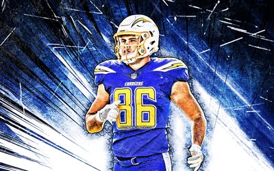 4k, Hunter Henry, grunge art, NFL, Los Angeles Chargers, american football, tight end, Hunter Mark Henry, LA Chargers, National Football League, blue abstract rays, Hunter Henry LA Chargers, Hunter Henry 4K