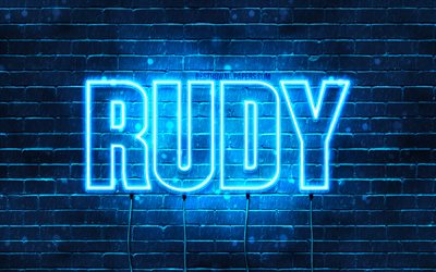 Rudy, 4k, fondos de pantalla con los nombres, el texto horizontal, Rudy nombre, Feliz Cumplea&#241;os a Rudy, luces azules de ne&#243;n, de la imagen con el nombre de Rudy