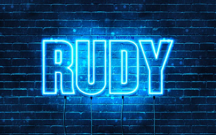 Rudy, 4k, pap&#233;is de parede com os nomes de, texto horizontal, Rudy nome, Feliz Anivers&#225;rio Rudy, luzes de neon azuis, imagem com Rudy nome