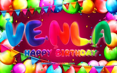 お誕生日おめでVenla, 4k, カラフルバルーンフレーム, Venla名, 紫色の背景, Venlaお誕生日おめで, Venla誕生日, フィンランドの人気女性の名前, 誕生日プ, Venla
