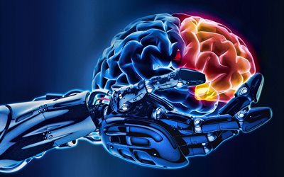 Cervello 3d, metallo braccio delle pi&#249; moderne tecnologie di intelligenza artificiale, robot, cervello in mano