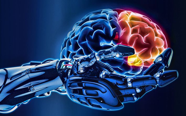 Elinde 3d beyin, metal kol, modern teknolojiler, yapay zeka, robotlar, beyin