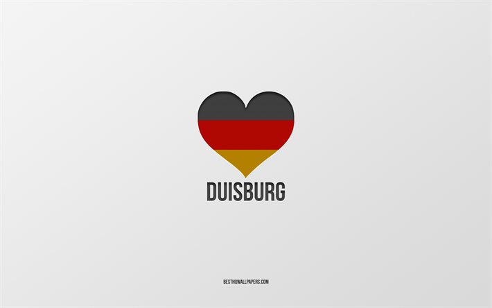 J&#39;Aime Duisburg, villes allemandes, fond gris, Allemagne, drapeau allemand cœur, Duisburg, villes pr&#233;f&#233;r&#233;es, l&#39;Amour Duisburg