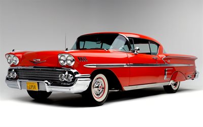 Chevrolet Bel Air Impala, 1958, front view, red coupe, retro cars, red Bel Air Impala, american vintage cars, Chevrolet