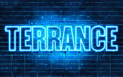Terrance, 4k, tapeter med namn, &#246;vergripande text, Terrance namn, Grattis P&#229; F&#246;delsedagen Terrance, bl&#229;tt neonljus, bild med Terrance namn
