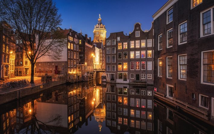 منطقة الضوء الأحمر, أمستردام, مساء, قناة, سيتي سكيب, الكاتدرائية, هولندا