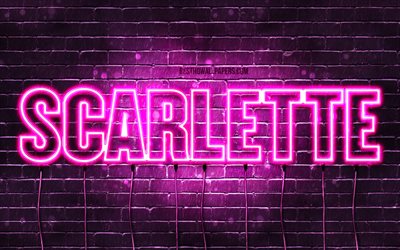 scarlette, 4k, tapeten, die mit namen, weibliche namen, scarlette namen, purple neon lights, happy birthday scarlette, bild mit scarlette namen