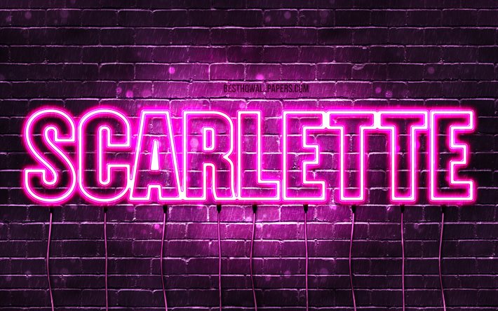 Scarlette, 4k, tapeter med namn, kvinnliga namn, Scarlette namn, lila neon lights, Grattis P&#229; F&#246;delsedagen Scarlette, bild med Scarlette namn