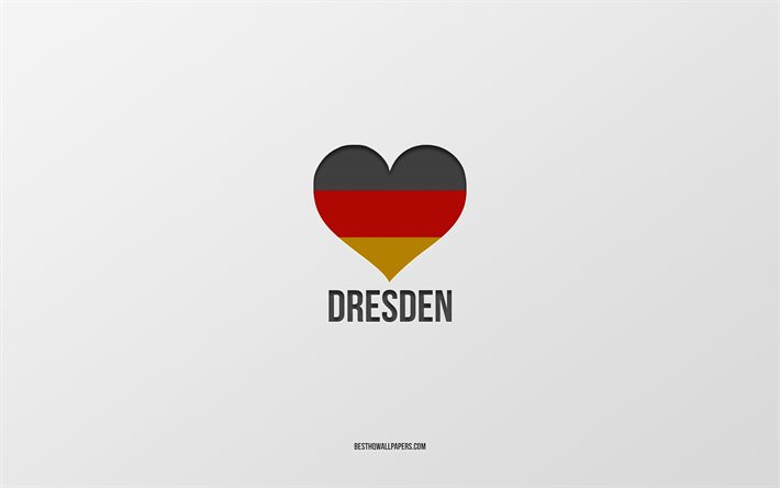 Eu Amo Dresden, Cidades alem&#227;s, plano de fundo cinza, Alemanha, Alem&#227;o bandeira cora&#231;&#227;o, Dresden, cidades favoritas, Amor Dresden