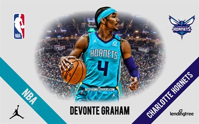 Devonte Graham, Charlotte Hornets, American Basketball Player, NBA, portrait, USA, basketball, Spectrum Center, Charlotte Hornets logo