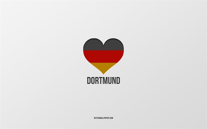 J&#39;Aime Dortmund, villes allemandes, fond gris, Allemagne, drapeau allemand cœur, Dortmund, villes pr&#233;f&#233;r&#233;es, l&#39;Amour Dortmund