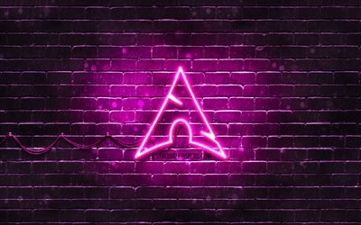 Manjaro violetti logo, 4k, violetti brickwall, Manjaro logo, Linux, Manjaro neon-logo, Manjaro