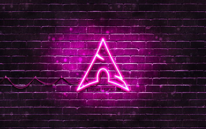 Manjaro purple logo, 4k, purple brickwall, Manjaro logo, Linux, Manjaro neon logo, Manjaro