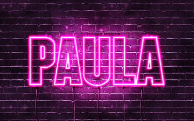 Paula, 4k, sfondi per il desktop con i nomi, nomi di donna, Paula nome, viola neon, buon Compleanno Paula, l&#39;immagine con il nome Paula