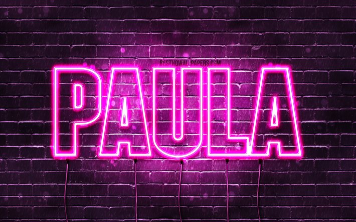Paula, 4k, tapeter med namn, kvinnliga namn, Paula namn, lila neon lights, Grattis Paula, bild med Paula namn