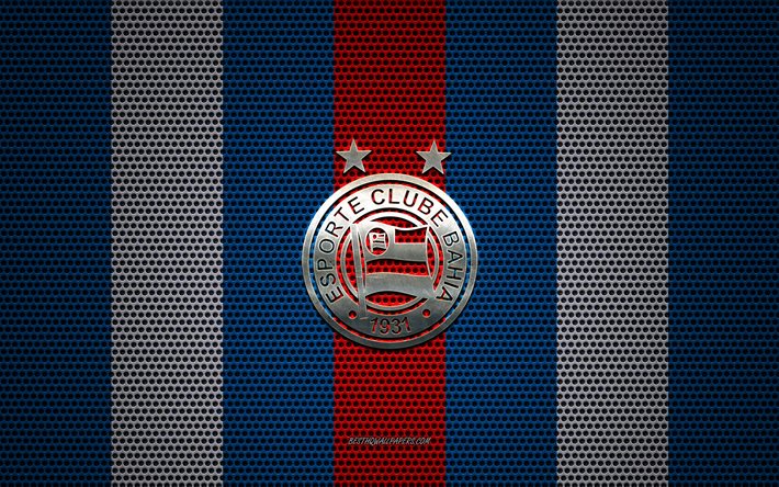 EC Bahia logo, Brazilian football club, metal emblem, blue-red-white metal mesh background, EC Bahia, Serie A, Salvador, Brazil, football, Esporte Clube Bahia