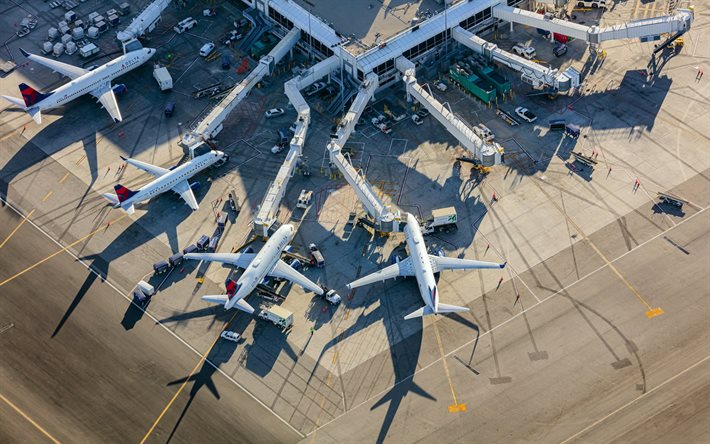 Los Angeles International Airport, aerial view, view from above, Terminal, large airport, passenger aircraft, Los Angeles, California, USA