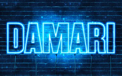 Damari, 4k, sfondi per il desktop con i nomi, il testo orizzontale, Damari nome, Felice Compleanno Damari, neon blu, immagine con nome Damari