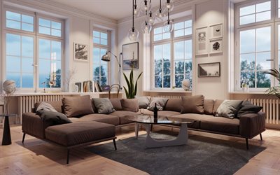 klassinen sisustus, tyylik&#228;s sisustus, olohuone, suuri harmaa sohva, Englanti tyyli sisustus, harmaa olohuone