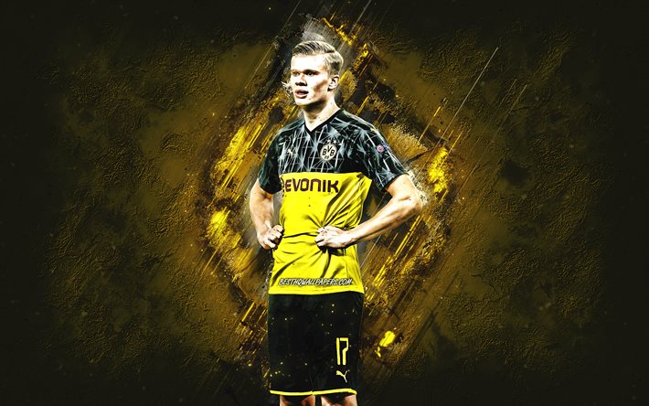 Erling Haland, Borussia Dortmund, BVB, Norjalainen jalkapalloilija, muotokuva, keltainen kivi tausta, jalkapallo, Bundesliiga, Saksa