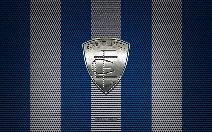 Empoli FC logo, Italian football club, metal emblem, blue and white metal mesh background, Empoli FC, Serie B, Empoli, Italy, football