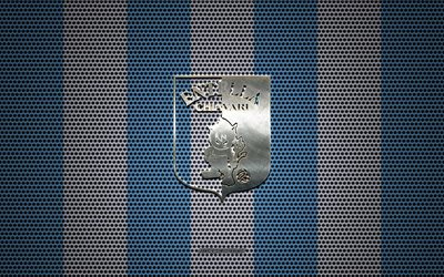 Virtus Entella logo, Italian football club, metal emblem, blue and white metal mesh background, Virtus Entella, Serie B, Chiavari, Italy, football, Entella