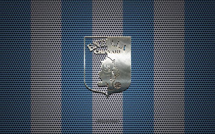 Virtus Entella logo, İtalyan Futbol Kul&#252;b&#252;, metal amblem, mavi ve beyaz metal kafes arka plan, Virtus Entella, Serie B, Chiavari, İtalya, futbol, Entella